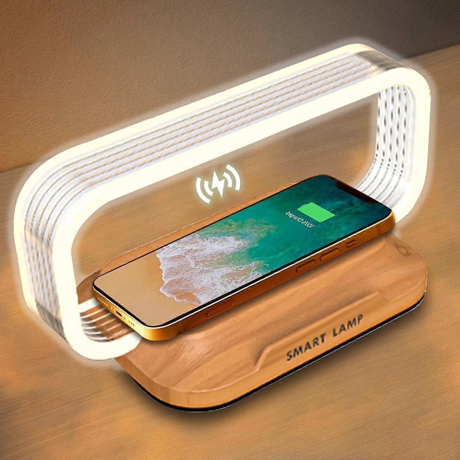 Bedside Night Light 10W Wireless Charging Phone Holder Wood Style Touch Control Eye Protection Soft Light Three Color Options