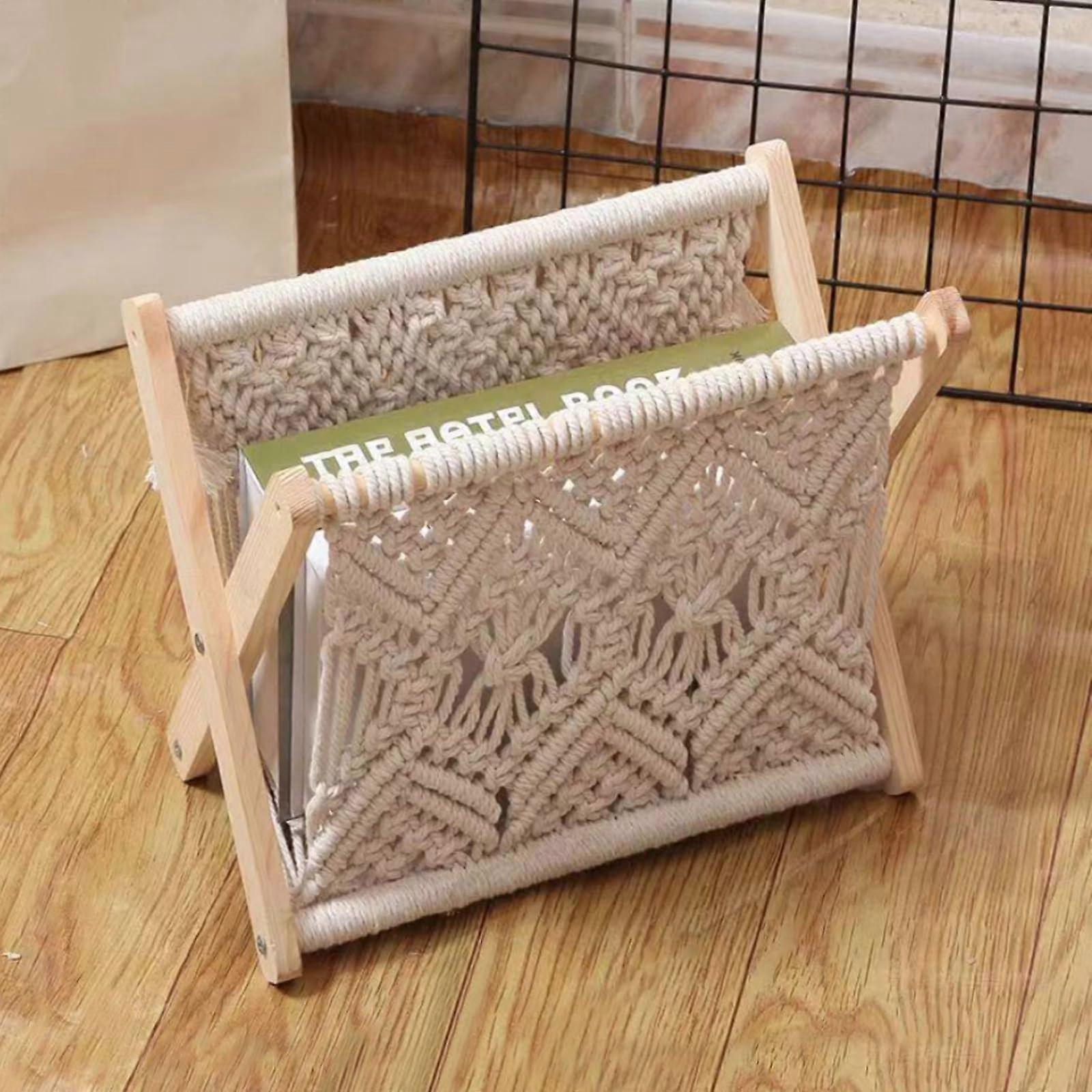 Nordic Wind Magazine Rack Cotton Rope Woven Boho Folding Shelf with Solid Wood Mesh