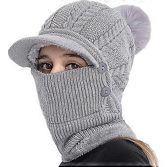 AURA Frauen Winter Warme Strick Baseballkappe, Gesicht Bandana Halsmanschette mit flauschigem Pompon, Grau