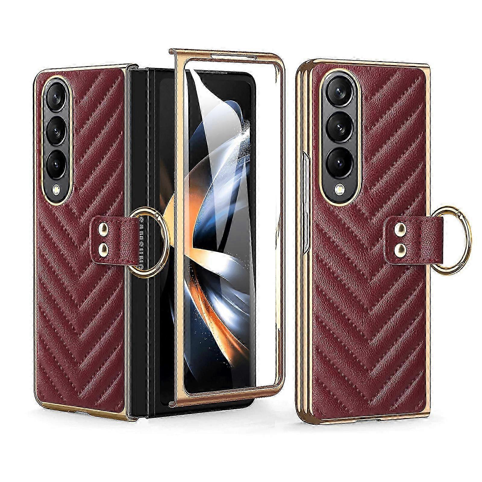 Z Fold 5 Case With Ring Stand & Screen Protector, PU Leather Electroplating All Inclusive Case For Samsung Galaxy Z Fold 5 5g Case