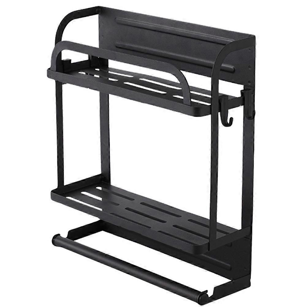 Fridge Magnetic Rack Homeowners Paper Towel Roll Holder Side Double Tier Wall Hanging with 4 Hooks for Freezer Black 36x30cm 1Pack