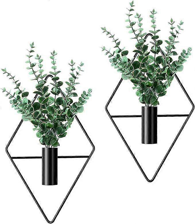 Planters with Artificial Eucalyptus Metal Hanging Vase Indoor Plants Holder Modern Geometric Boho Bathroom Wall Decor for Living Room Home Office (Bla