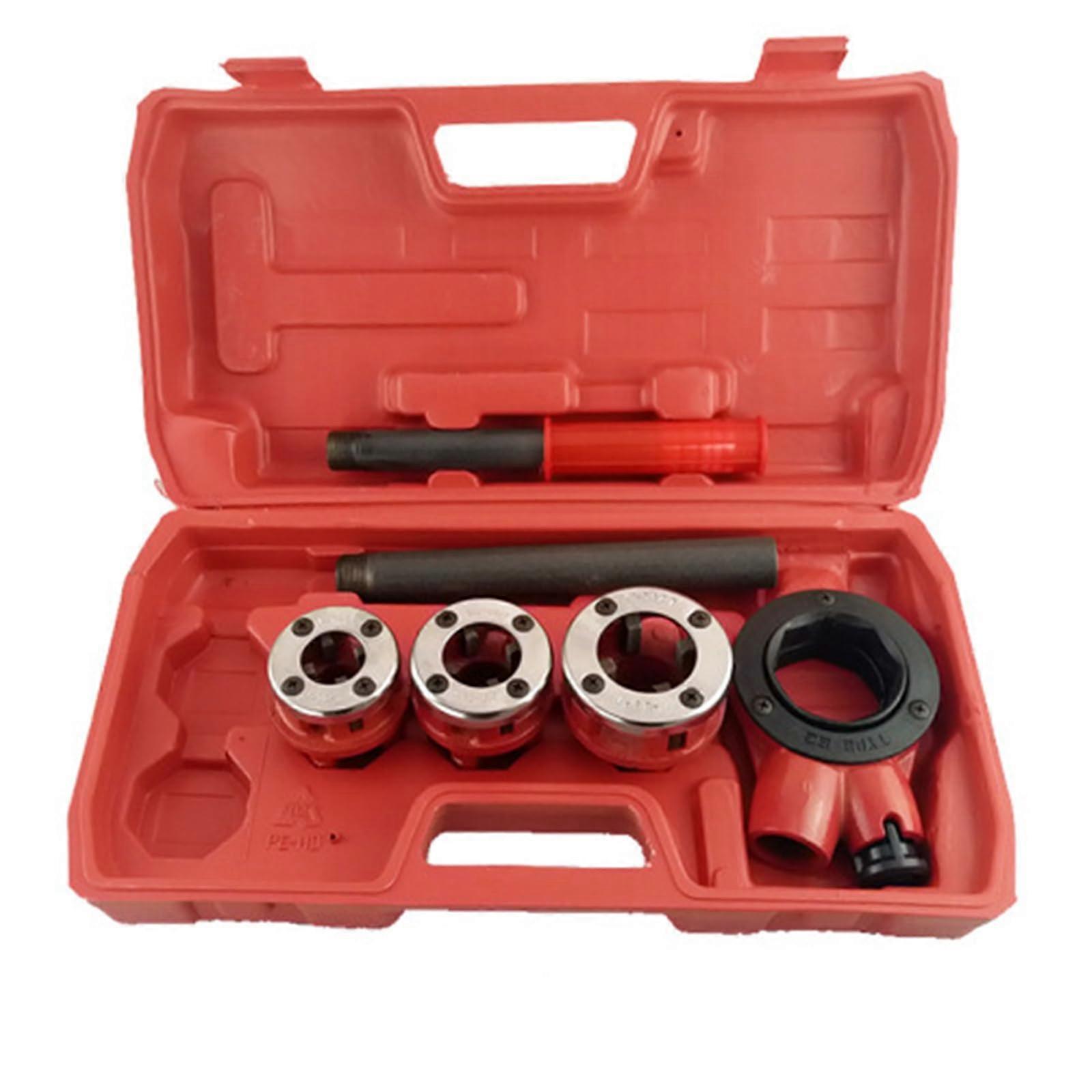 Manual ratchet pipe threader, manual pipe threading tool set, galvanized cutting head, suitable for plumbing pipe installation, 3 heads