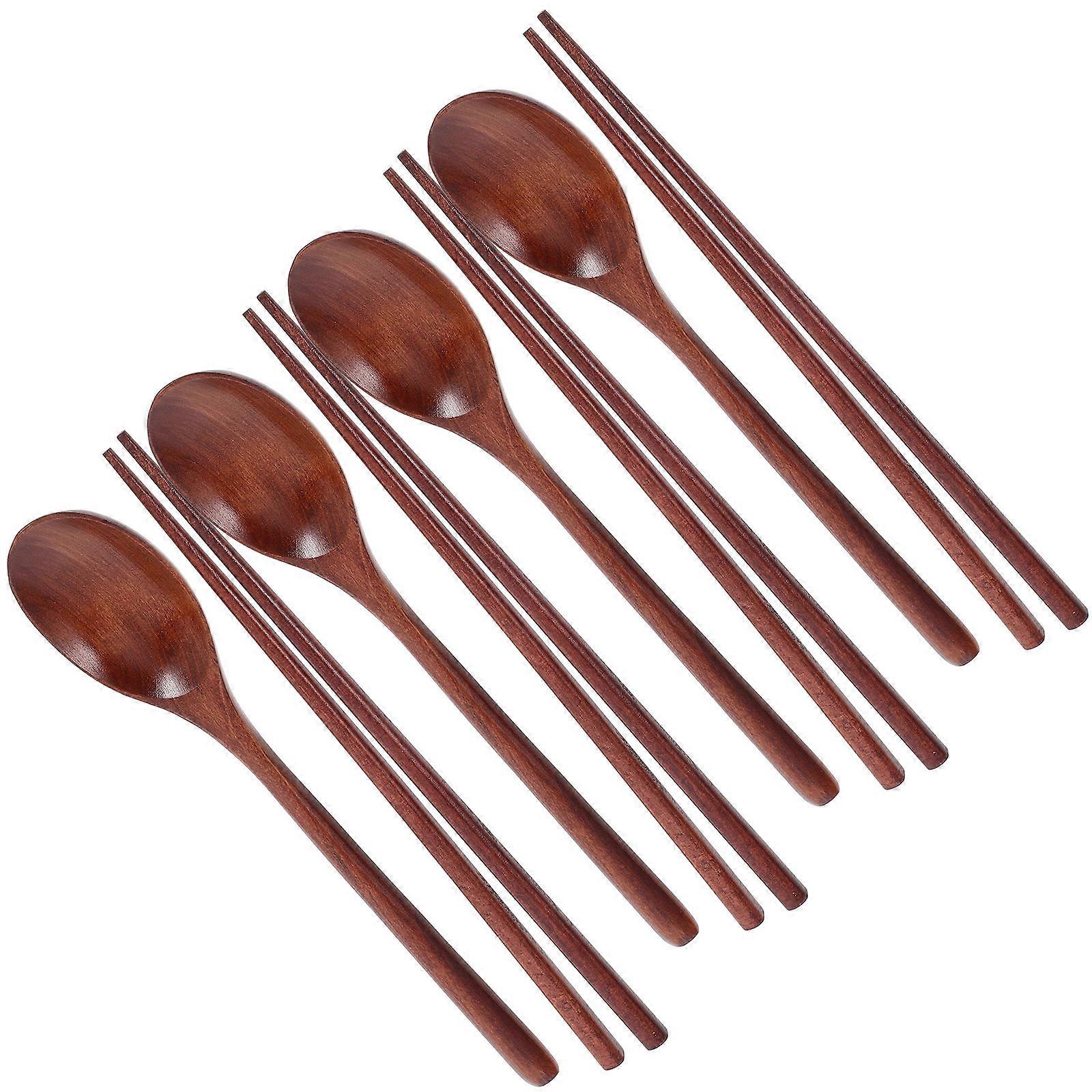 Wooden Spoon and Chopstick Set Portable Reusable NonSlip Utensils for Eating Light Brown