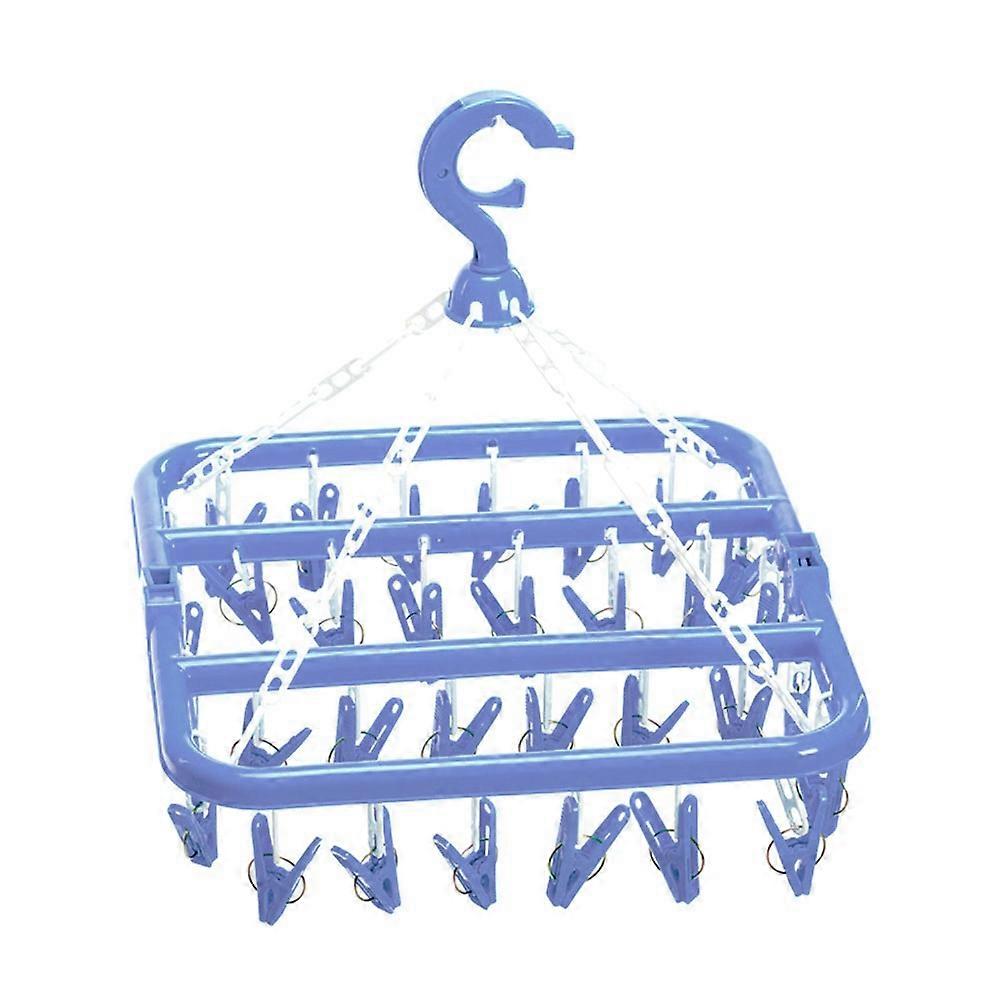 Blue Plastic Folding Hanger with 32 Clips for Socks and Underwear Drying Rack 360 Degree Rotating Hook