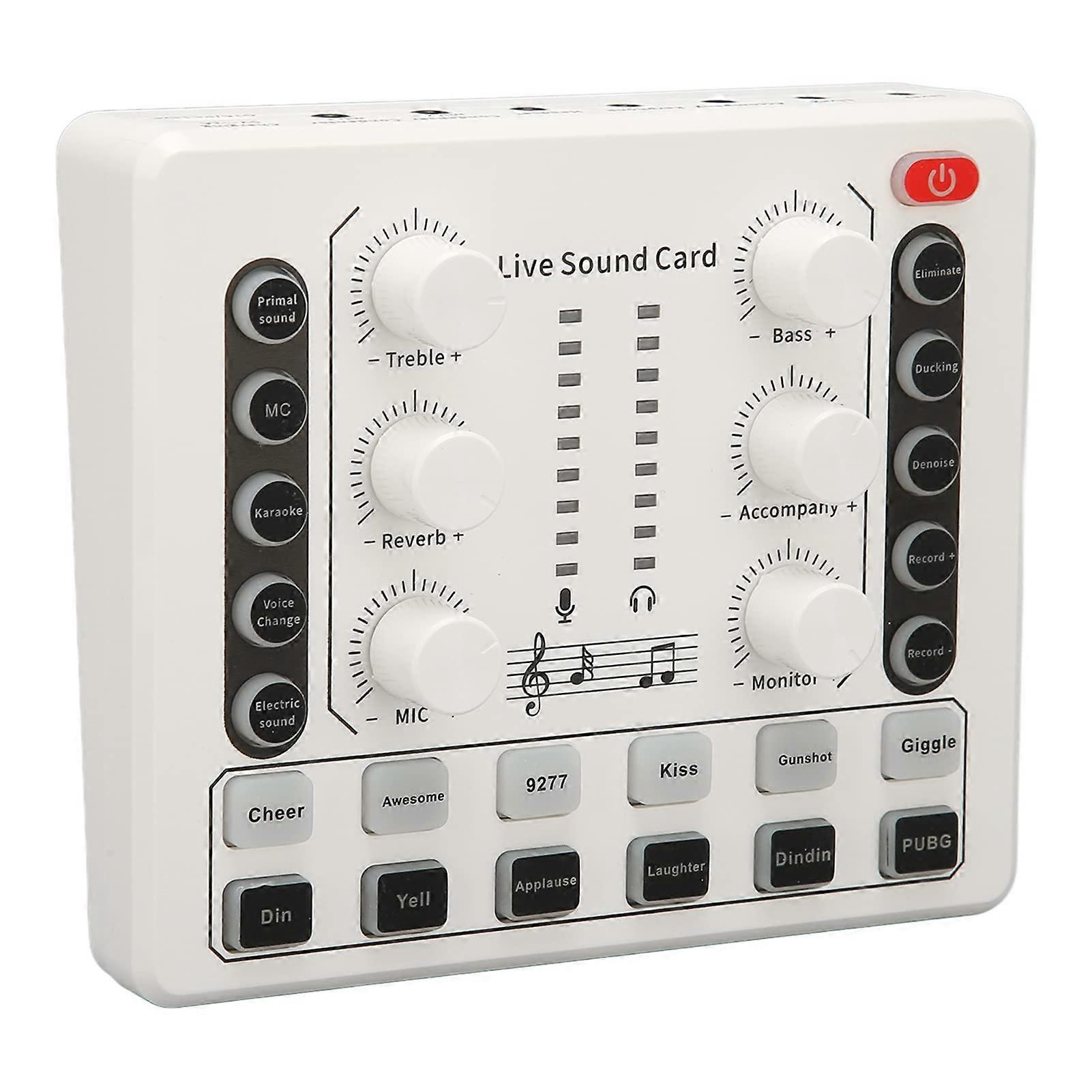 Live Sound Card with Quality Noise Reduction, Ambient Light Function for Live Streaming  KTV, Suitable for DJ Mixer Karaoke Online, ABS White