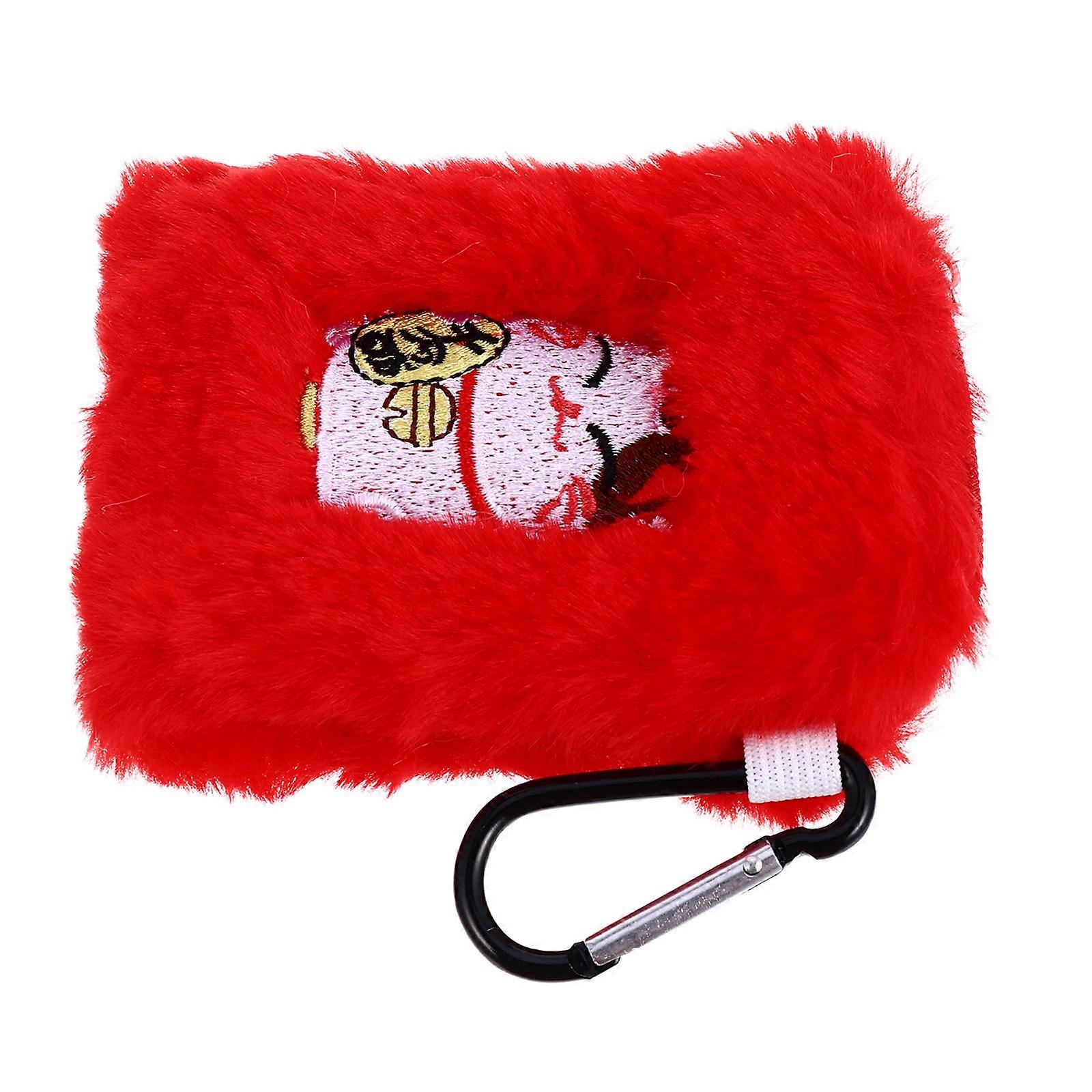 Cat Plush Earphone Cable Storage Bag for Everyday Use Red Plush Material with 1Pcs
