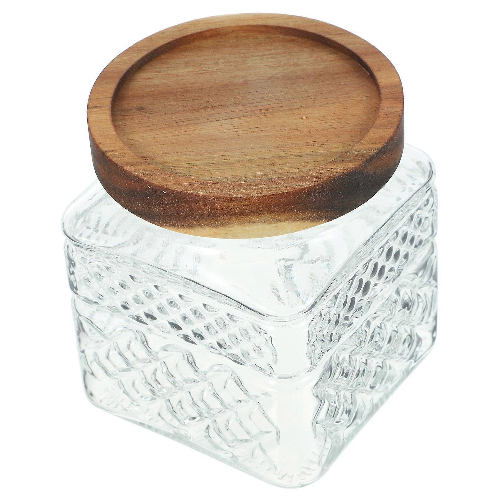 Square Glass Tea Jar With Lid For Food Preservation In Kitchen And Office Multi Color Wood And Rubber Material With 1Pack