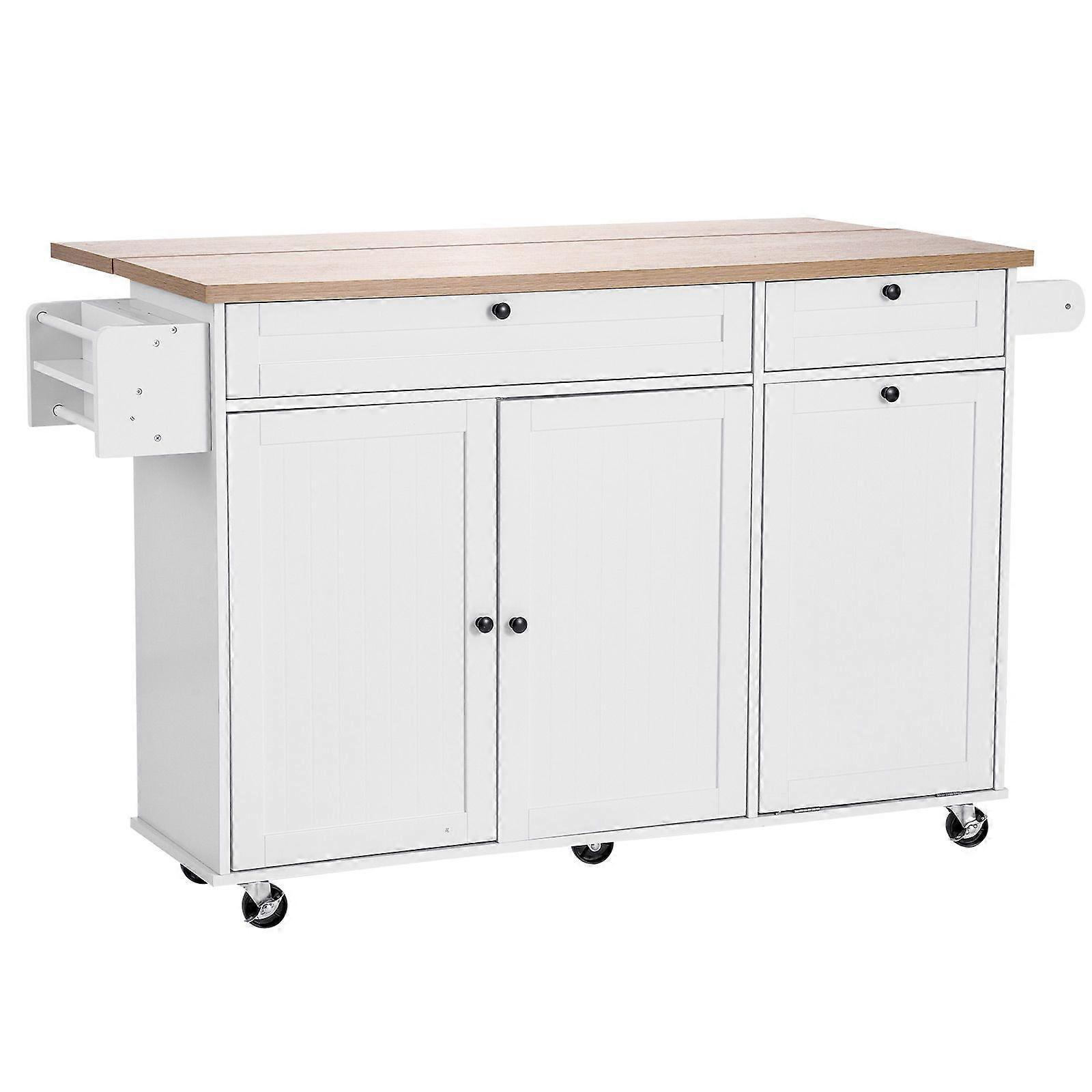 Kitchen Island Cart with Storage, 153 cm Wide Mobile Kitchen Cart with Wheels, Drop Leaf, 2 Drawers, Trash Can Cabinet
