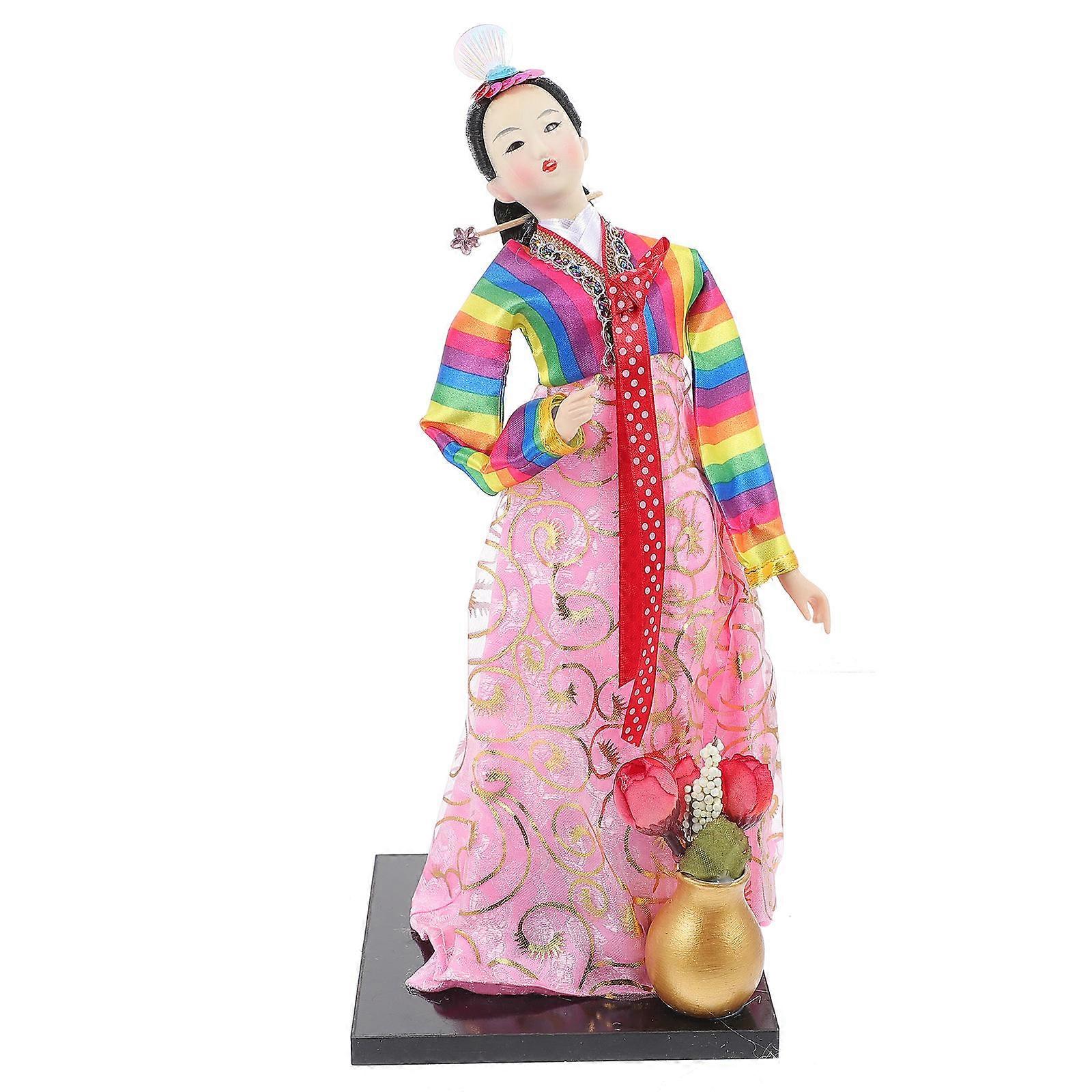 Korean Cultural Figurine Korean Hanbok Doll Display For Office Decoration 30X12.5CM Pink Unique 1Pack