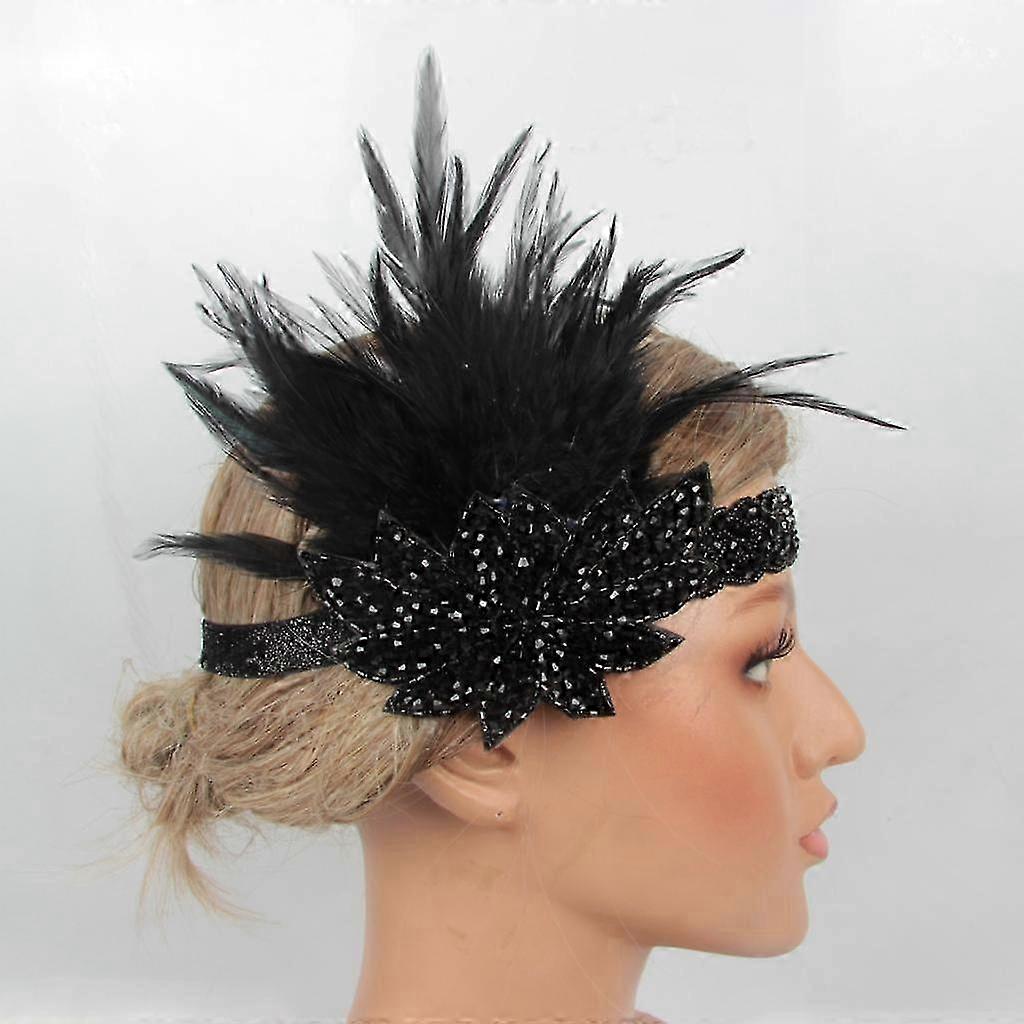 Feathered Headband with Elastic Band for Retro 20s Flapper Style Hair Accessory