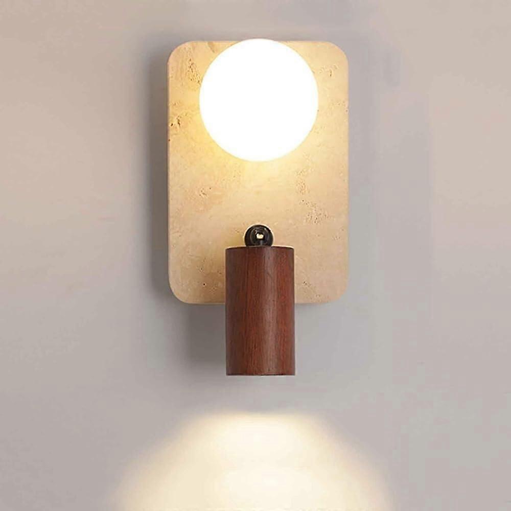 Adjustable Lamp Head Wall Light European Style Square Yellow Travertine Wall Lamp Walnut Finish Bedside Sconce
