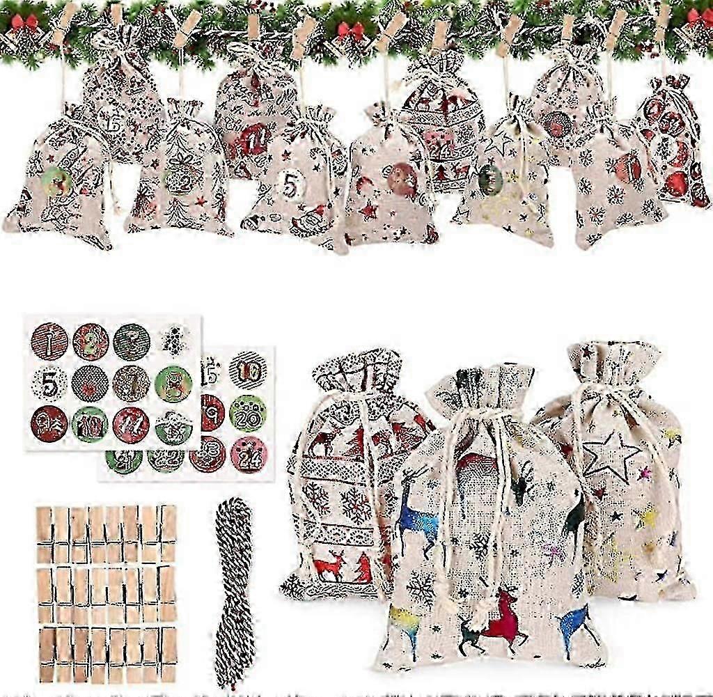 24 Χριστουγεννιάτικες τσάντες ημερολόγιο Λινάτσα κρεμασμένο ημερολόγιο Advent Γιρλάντα Candy Δώρο Τσάντα DIY Αντίστροφη μέτρηση
