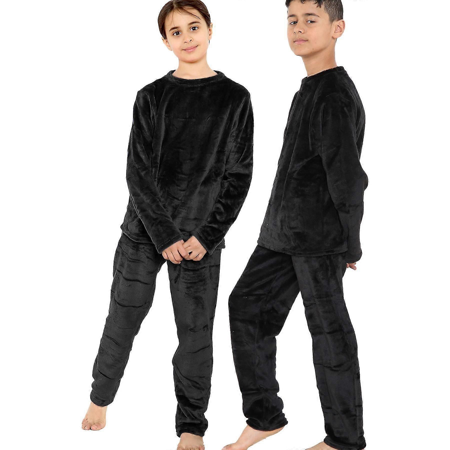 Barn Gutter Jenter Plain Crew Neck Varm Fleece Pyjamas 2 Piece PJS Set