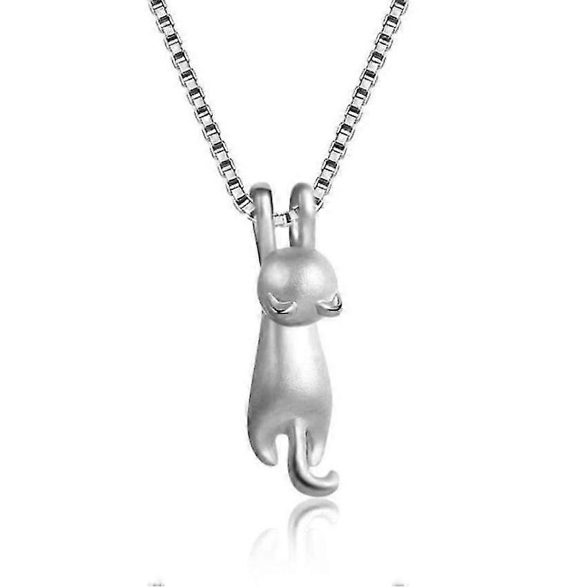 Cat Pendant Necklace Matte Silver Clavicle Chain