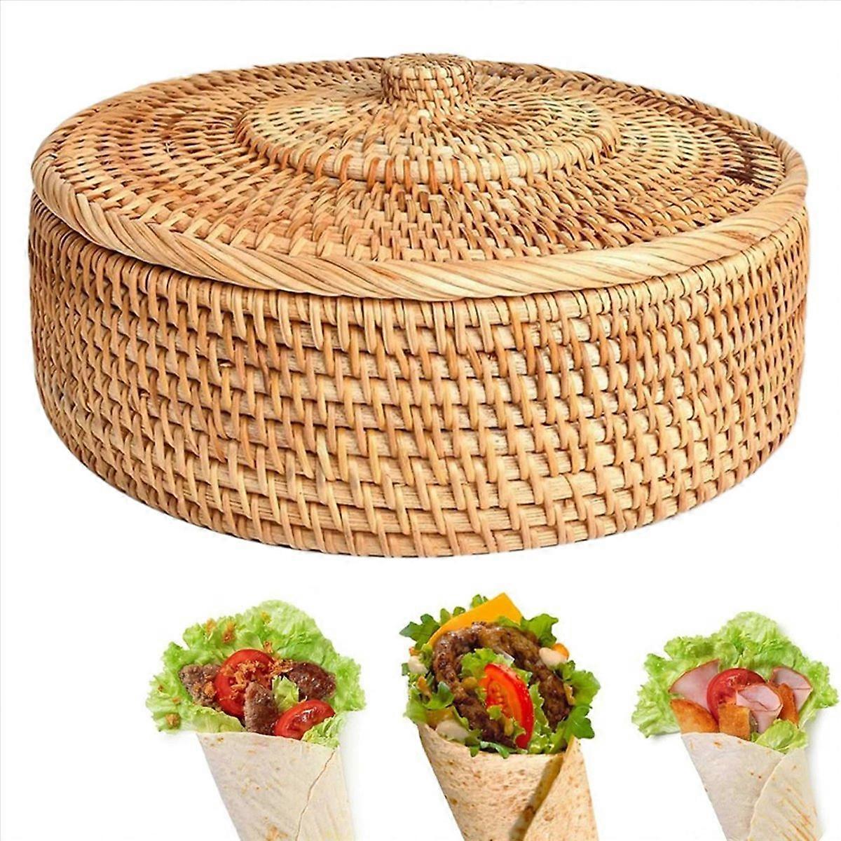 Round Rattan Boxes with Lid Hand-Woven Multi-Purpose Wicker Tray