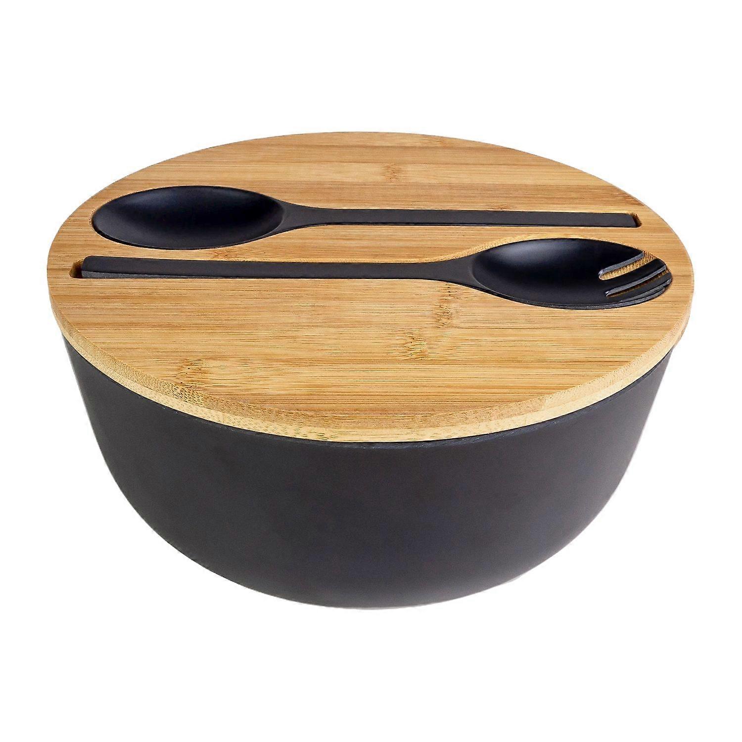 Salad Bowl Melamine with Salad Servers - 25cm - Mixing Bowls with Bamboo Lids, Salad Bowl with Fork and Spoon for Fruit, Salad, Barbecue, Celebrations