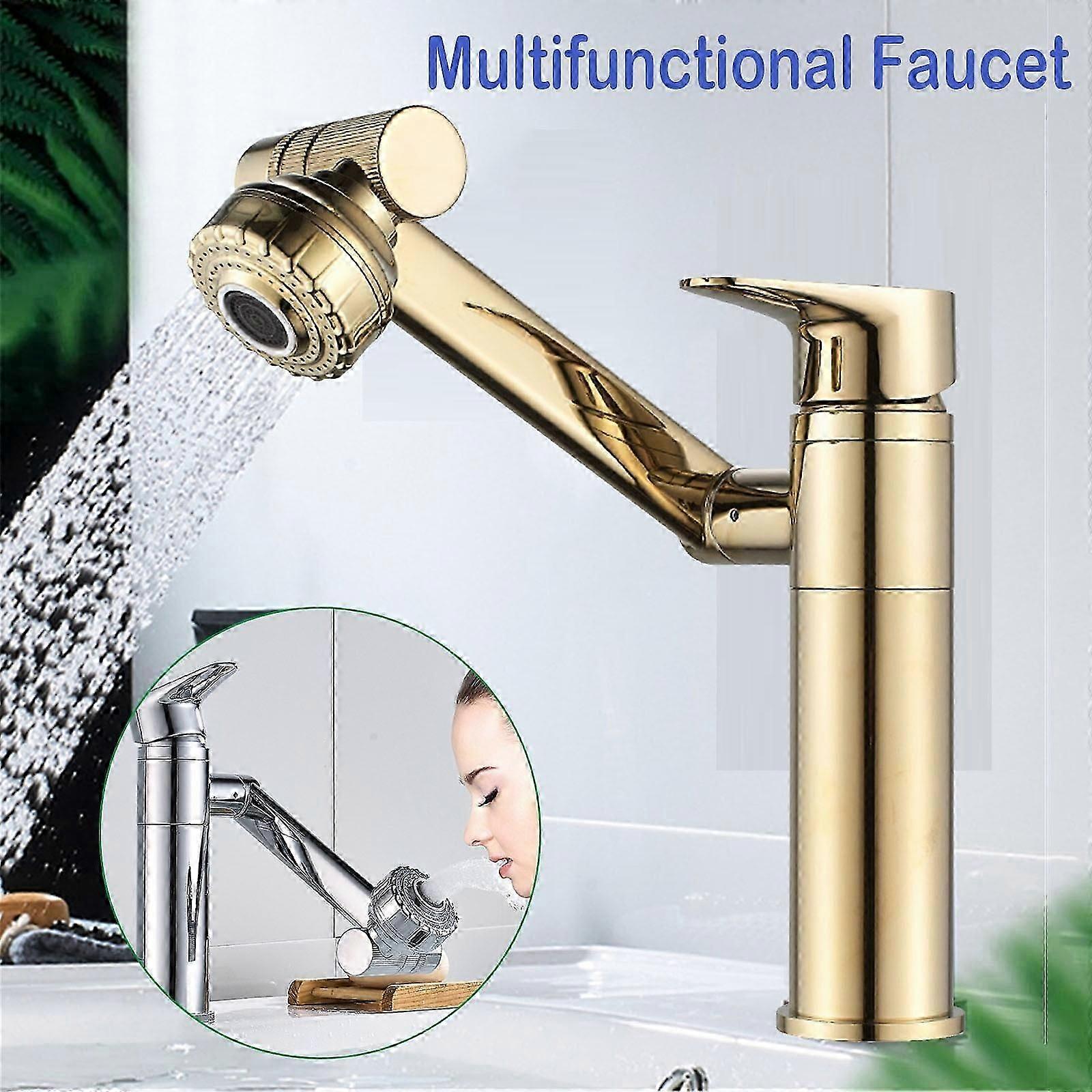 WJSXC All Copper Cold and Hot 360 Degrees Rotate Kitchen Faucet Two Function Faucet Gold