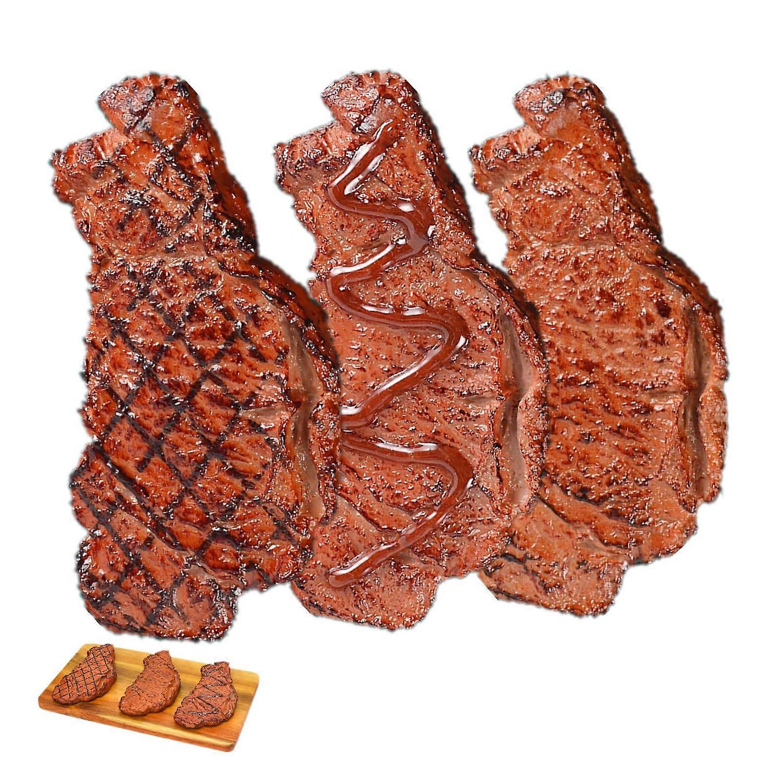 3 Plastic Simulated Beef Steaks Realistic Particulars Home Decoration Characteristics Permanent Substance Multicolor