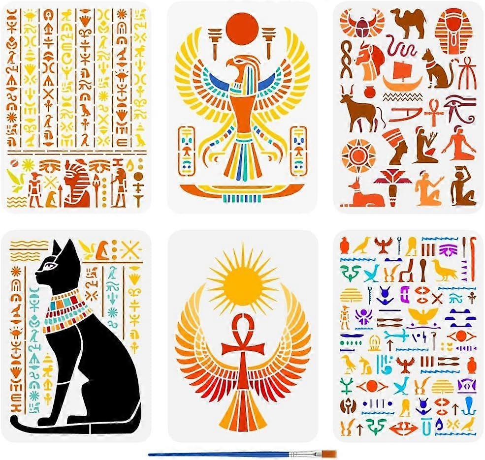 6 PCS Egyptian Symbols Painting Stencil with 1 Plastic Paint Brush 8.3x11.7in Horus Falcon Cat Hieroglyphic Patterns