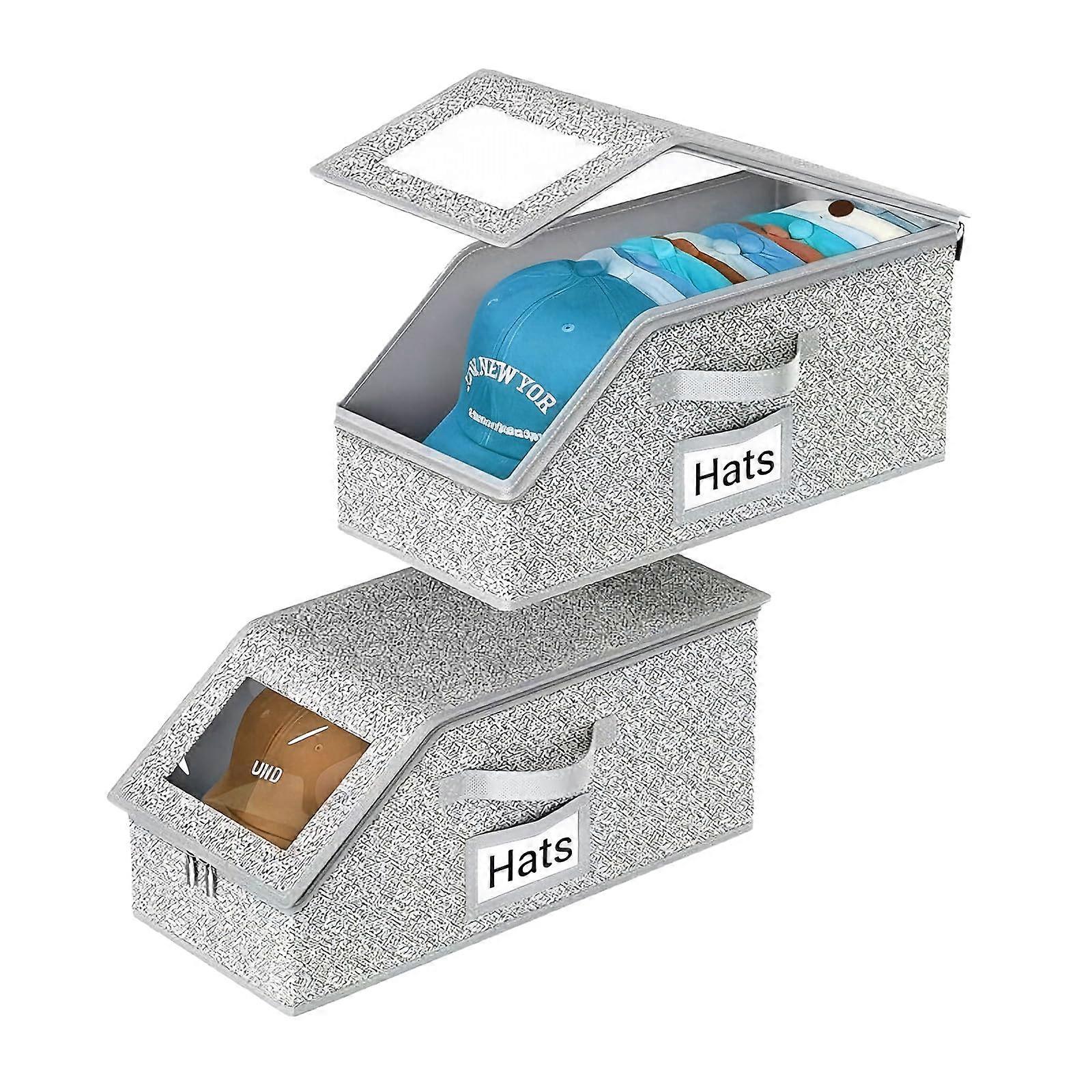 Baseball Cap Organizer 2 Pack Stackable Hat Storage Boxes for Closet with Cardboard Holds 24 Caps Grey