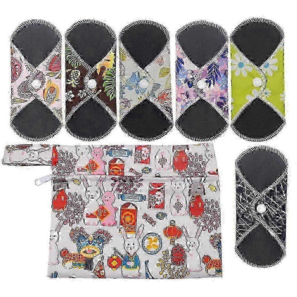 2025 1 Set Of 7pcs Reusable Pads Washable Bamboo Charcoal Sanitary Pads Panty Liners (6pcs Pads And 1pc Bag Random Pattern)