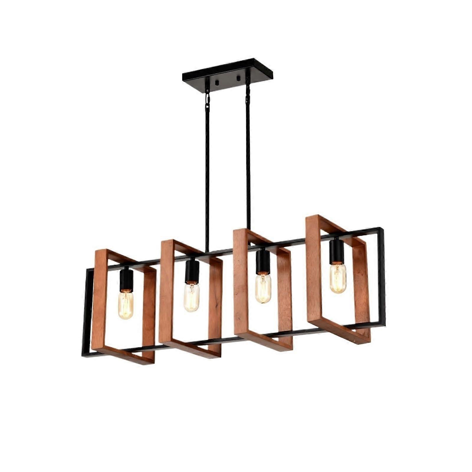 4Light Kitchen Island Pendant Light, Wood and Black Rectangular Chandelier with Adjustable Height