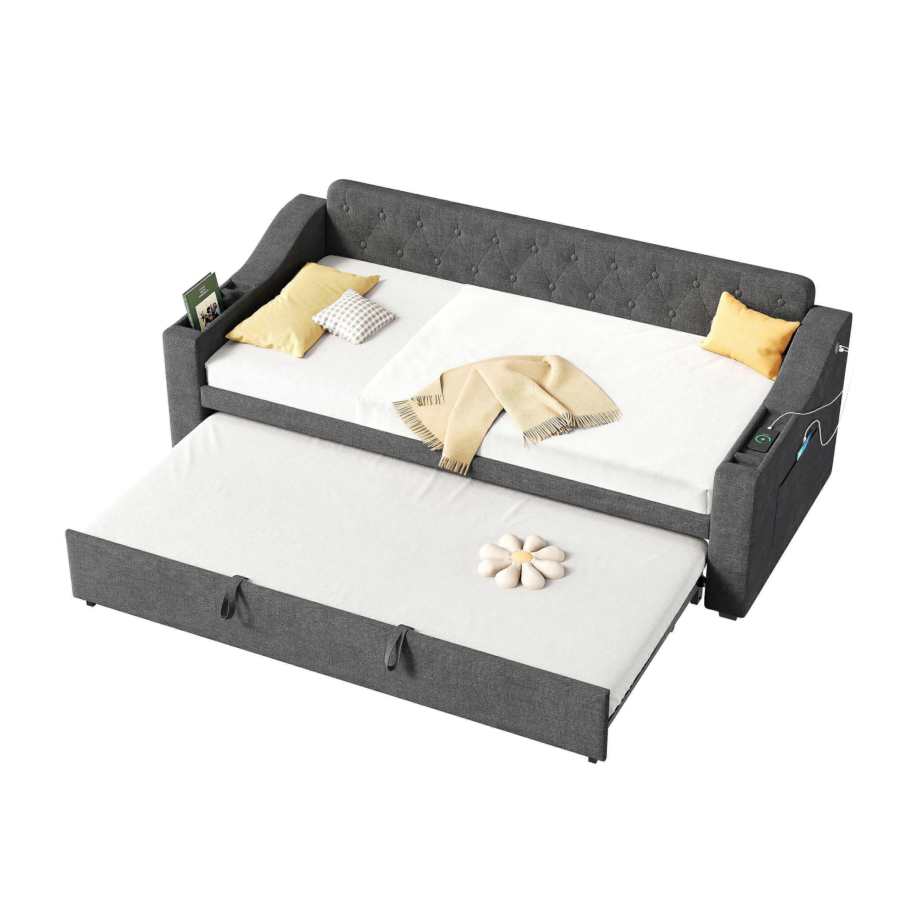 Upholstered Single Bed with Trundle Armrest Storage