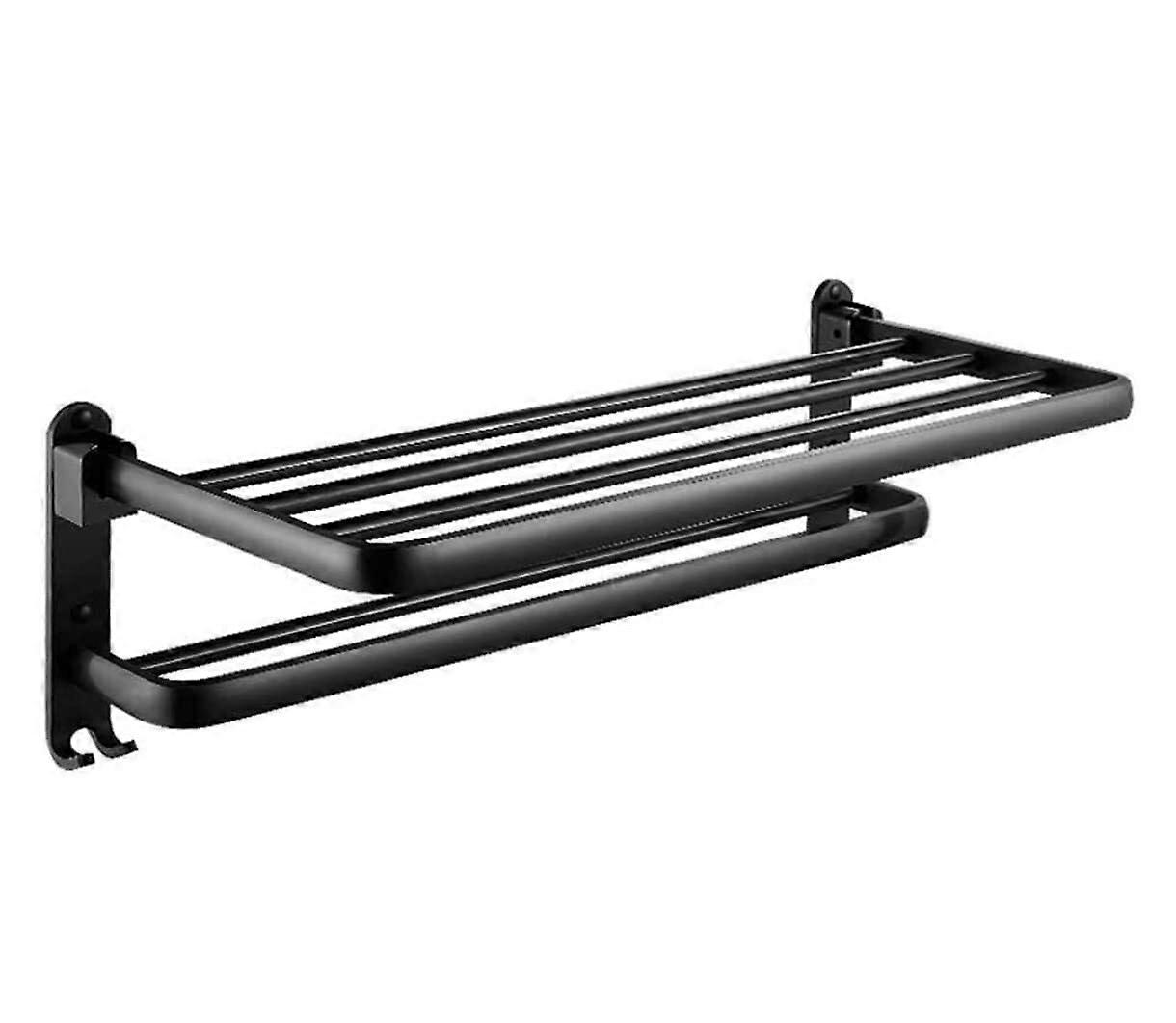 Wall Mounted Towel Rack 40cm Black Foldable Double Layer Bathroom Towel Holder with 5 Hooks