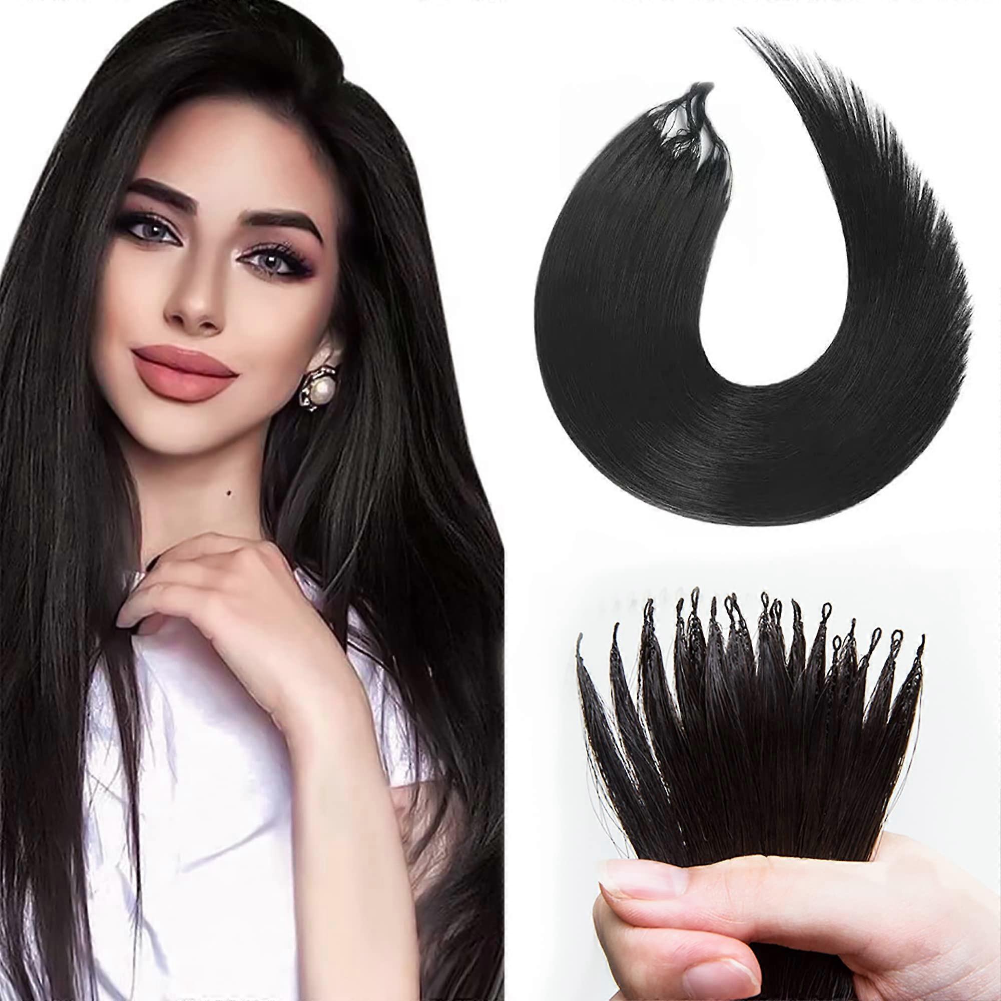 18 Inch Natural Black Human Hair Extensions, Invisible Micro Loop, Reusable 20 Strands