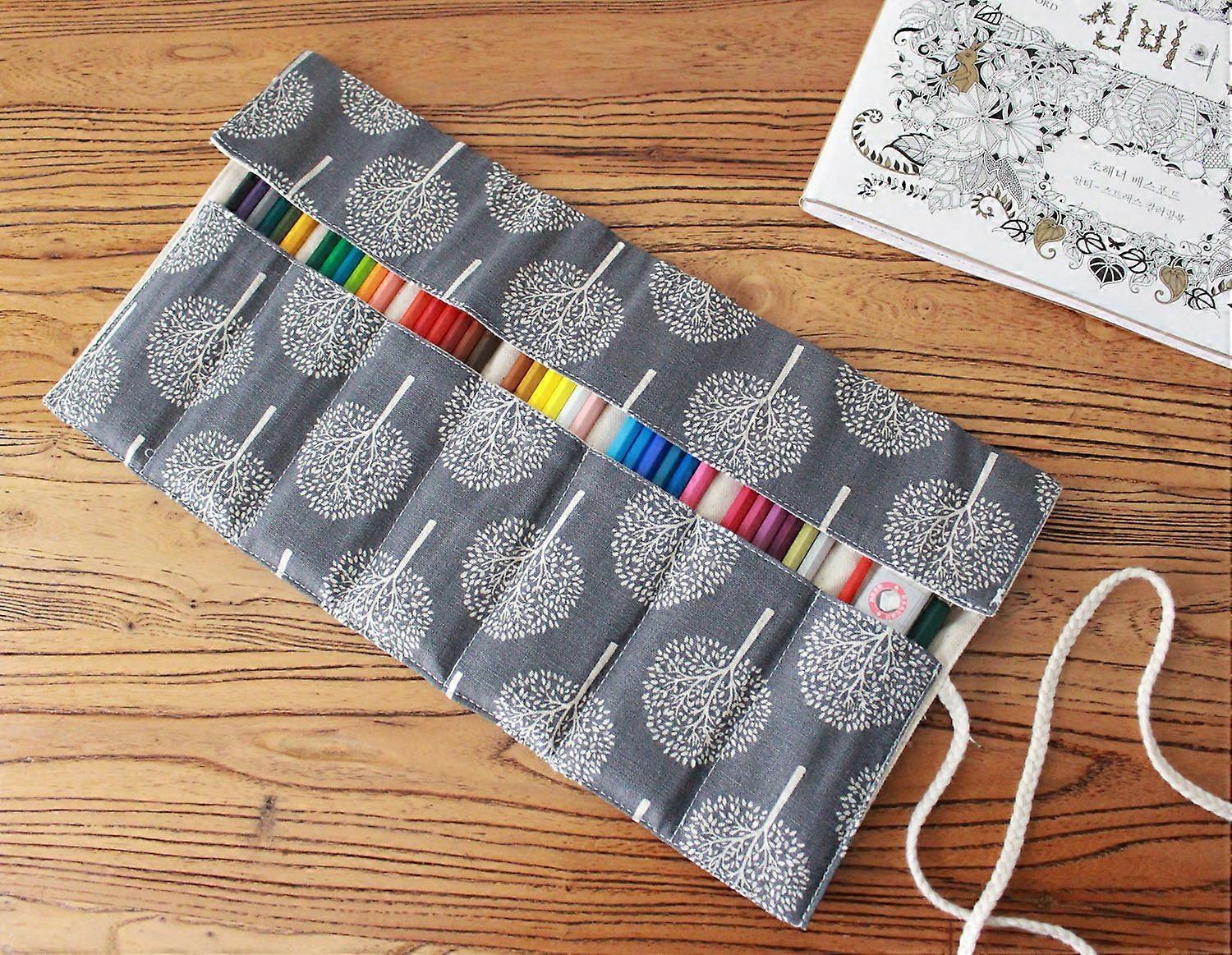 Colored Pencil Case Canvas Roll Up Pouch for 48 Pencils Tree Pattern Durable Organizer