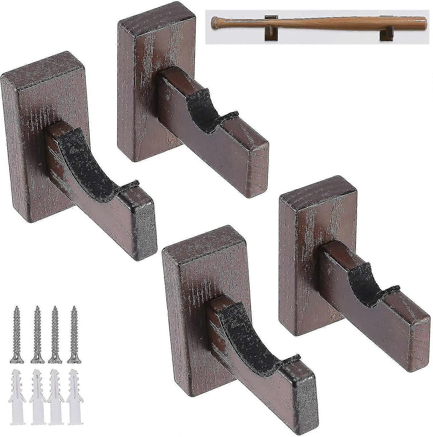 4 Pack Baseball Bat Display Case Holder, Solid Wood Rack Brackets Baseball Bat Hanger Wall Mount