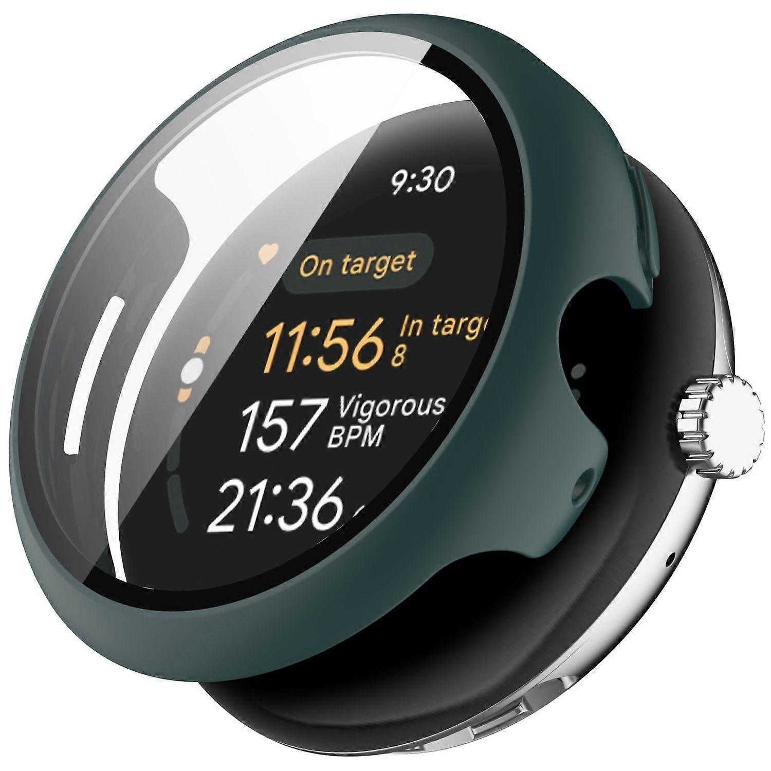 Custodia in plastica PC per smartwatch Google Pixel Watch 3 da 45 mm + pellicola protettiva in vetro temperato, colore verde.