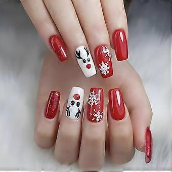 Christmas Press On Nails Set 24Pcs Short Coffin Snowflake Moose Design Glossy Reusable Fake Nails for Women Holiday Party
