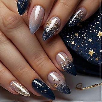 Press On Nails Vår Akrylnaglar för Kvinnor - Stjärnklar Himmel Designer Lösnaglar Medium Mandel 24 ST, Glansiga Mjuka Gelnaglar med Lim, Utomhus Picknick/Bröllop/