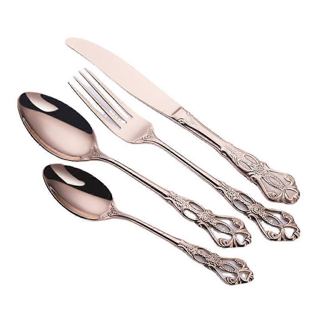 5pcs Cutlery Set Tableware Flatware Fork Knife Spoons with Relief Gold