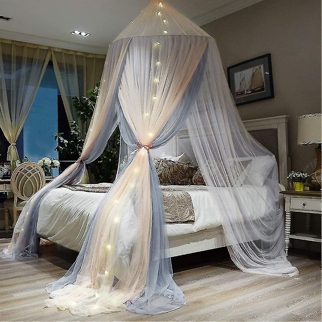 Contrast Color Bed Curtain Double Layer Polyester Sheer Mesh Dome Bed Canopy Round Hoop Princess Mosquito Net For Twin Full Queen King Size Bed
