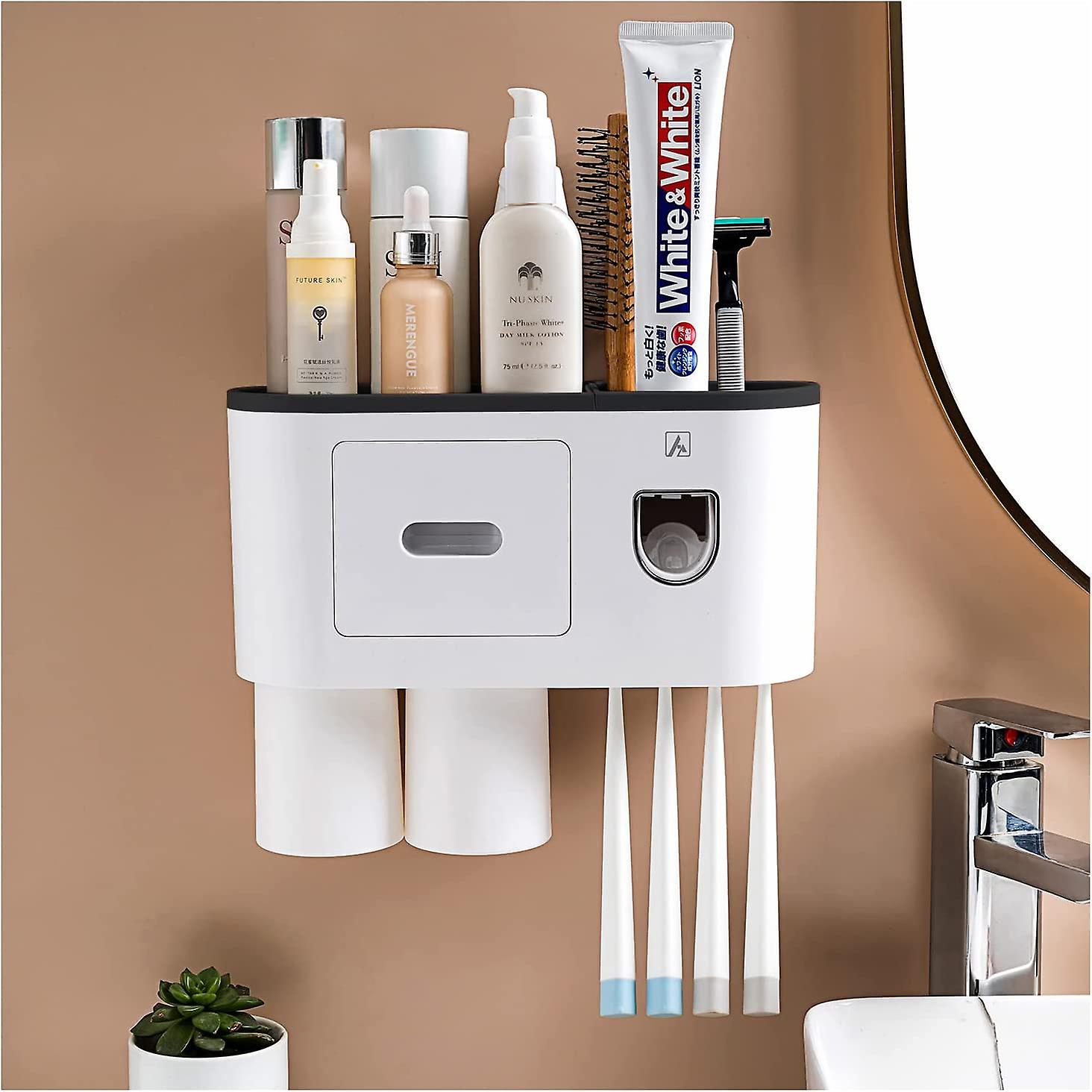 Toothbrush Holder with Toothpaste Dispenser-Multifunctional Wall Mounted Space-Saving Automatic Toothpaste Dispenser Squeezer Kit, 4 Toothbrush Slots,
