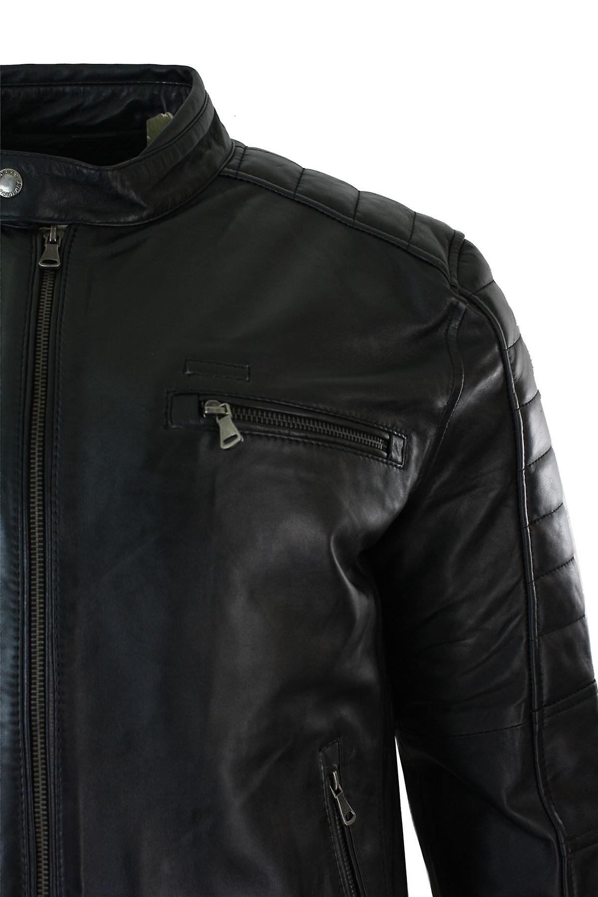 Men's Slim Fit Real Leather Biker Jacket Zipped Vintage Retro