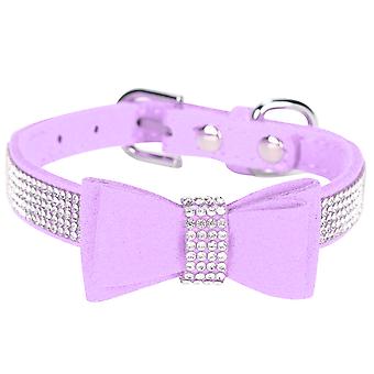 Suede Microfiber Double Bowknot Crystal Sparkle Rhinestone Cat Collar Pet SupplyPurple L 51x2.5cm