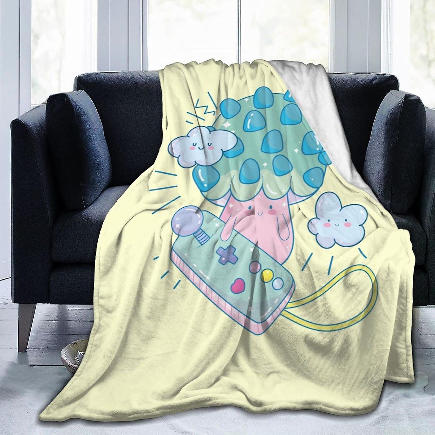 Flannel Blanket Anime Fungi with Joysticks and Small Clouds Soft Throw Blanket Anti Pilling Washable Blanket for Bed Sofa