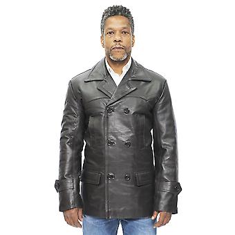 Mens Black Cow Hide Dr Who Naval German Pea Coat Leather Jacket