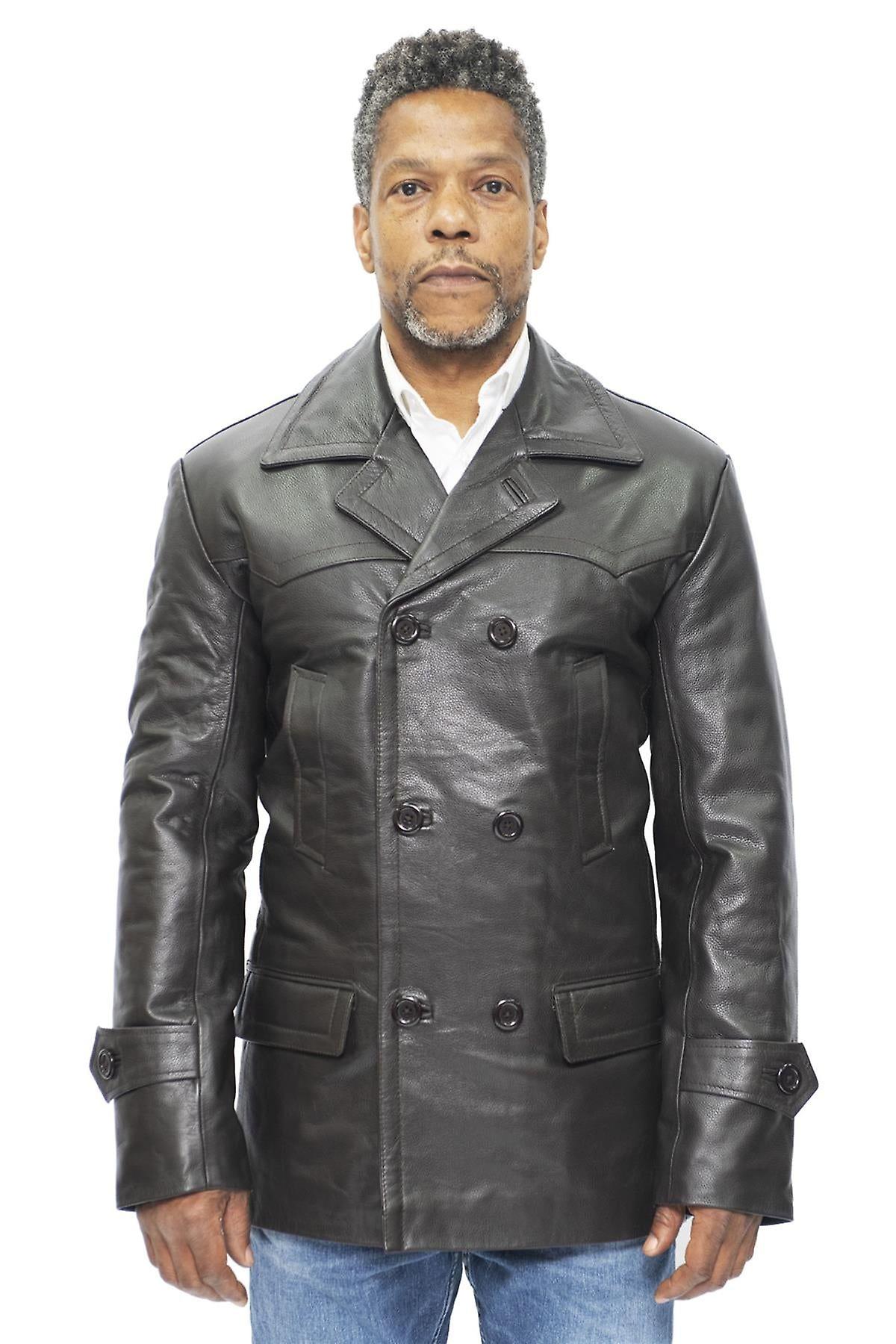 ジャケット・アウター Crimie P Coat Leather Wool Cow Archive Mens Black Cow Hide Dr Who Naval German Pea Coat Leather Jacket