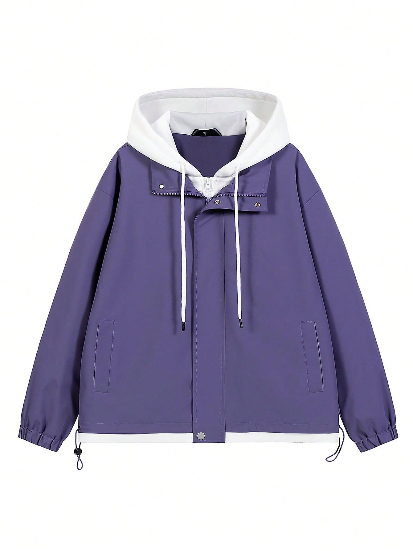 Men Colorblock Drawstring Hem Hooded Jacket