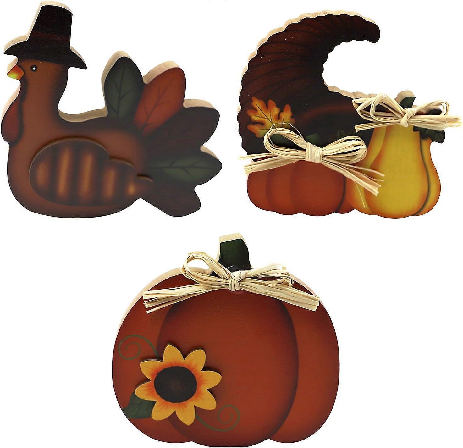 3個の感謝祭の七面鳥の木製の看板、カボチャの屋内スタンディングデコレーションオーナメントセット秋のテーブルのデコレーションダイニングテーブル収穫日