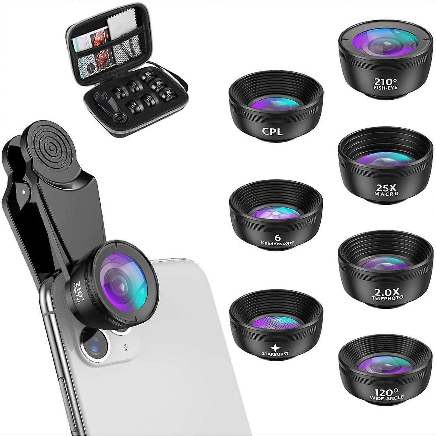 7 in 1 Universal Camera Lens Kit, Wide Angle Lens, Macro, Fisheye, Kaleidoscope, Star Filter for iPhone Samsung and Most Smartphone Tripod Remote Shut