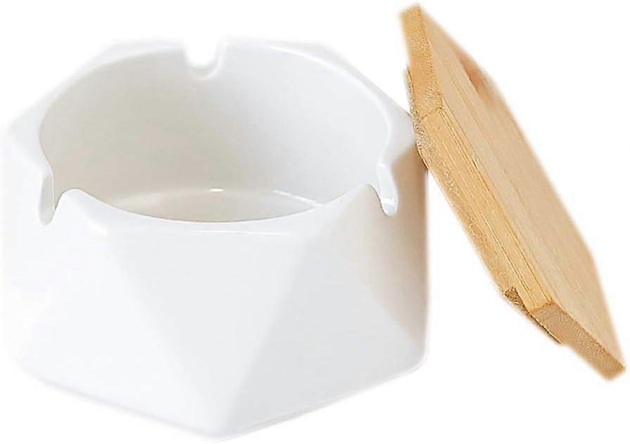 Cenicero de cerámica geométrico simple con tapa de bambú.