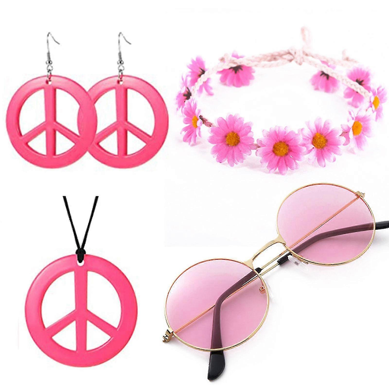 L’ensemble de costumes hippies comprend des lunettes de soleil, un bandeau, un collier de signe de paix et une boucle d’oreille