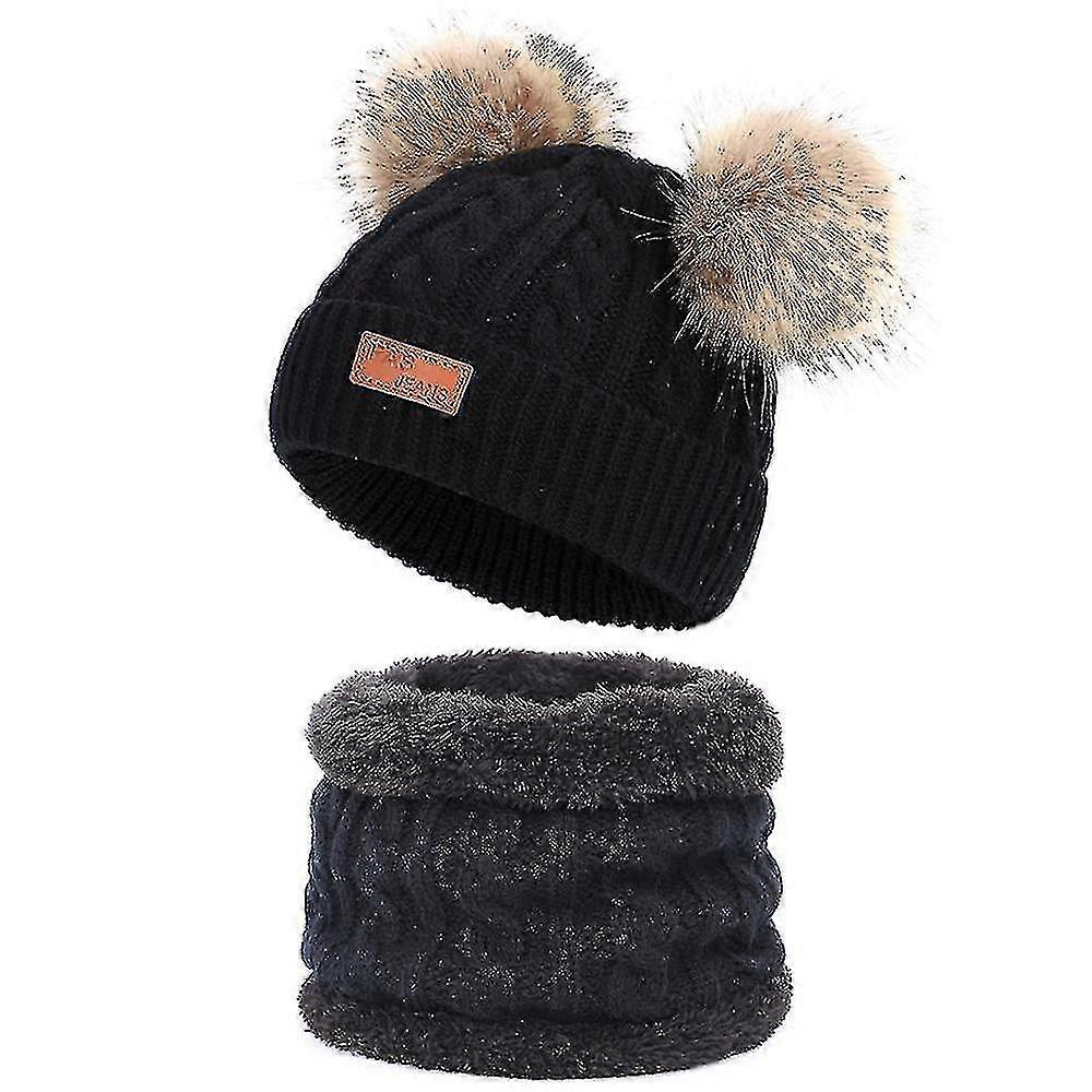 Toddler Hat Color Winter Double Pom Pom Knitted Cap And The Same Color Scarf