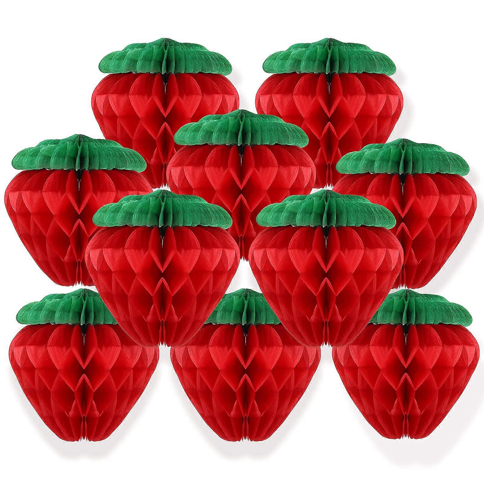 10 Pieces 6 Inch Paper Strawberry Honeycomb Ball Tissue Paper Strawberry Ball for Strawberry Birthday Party Decoration